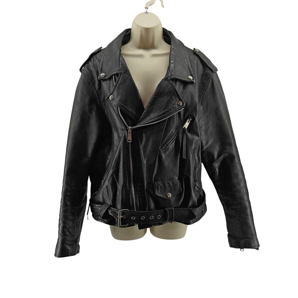 Men's Vintage Black Leather Motorcycle Jacket Size 44 Genuine Leather